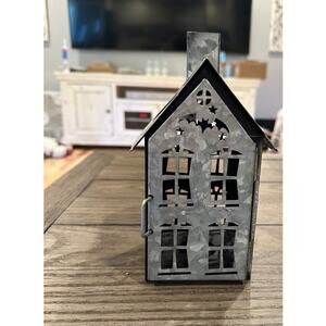 Galvanized Metal Haunted House Tea Light Lantern Halloween Bats Moon Stars